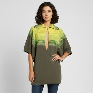 Funky Keyhole Collared Neck Wool Knit Short Sleeve Tunic Sweater - Large